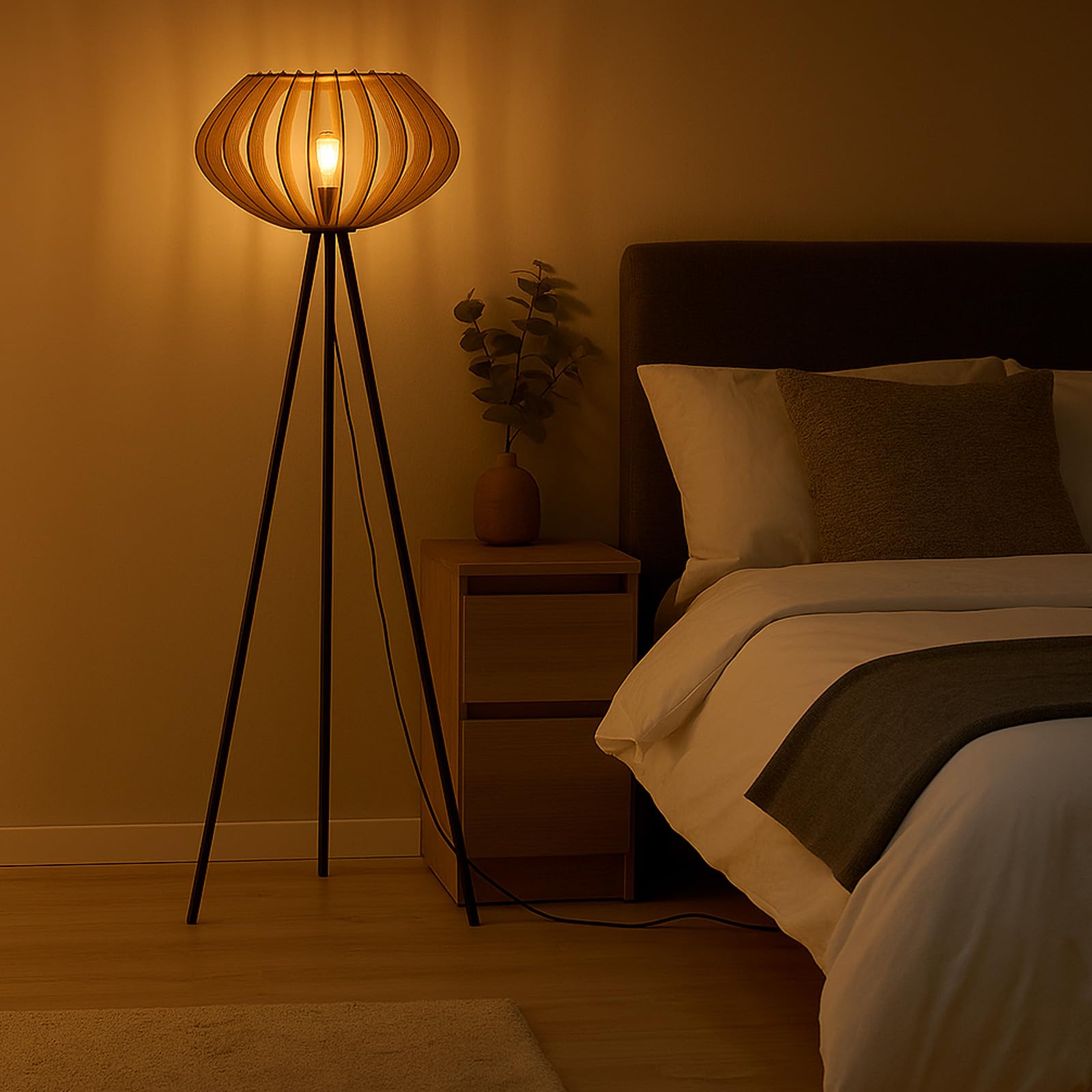 Alpinaluz Lampadaire Trépied Noir – Abat-Jour en Bois Laminé Ø48 cm, Hauteur 152 cm, Douille E27, Câble 3,8 m avec Interrupteur au Pied pour Salon ou Chambre