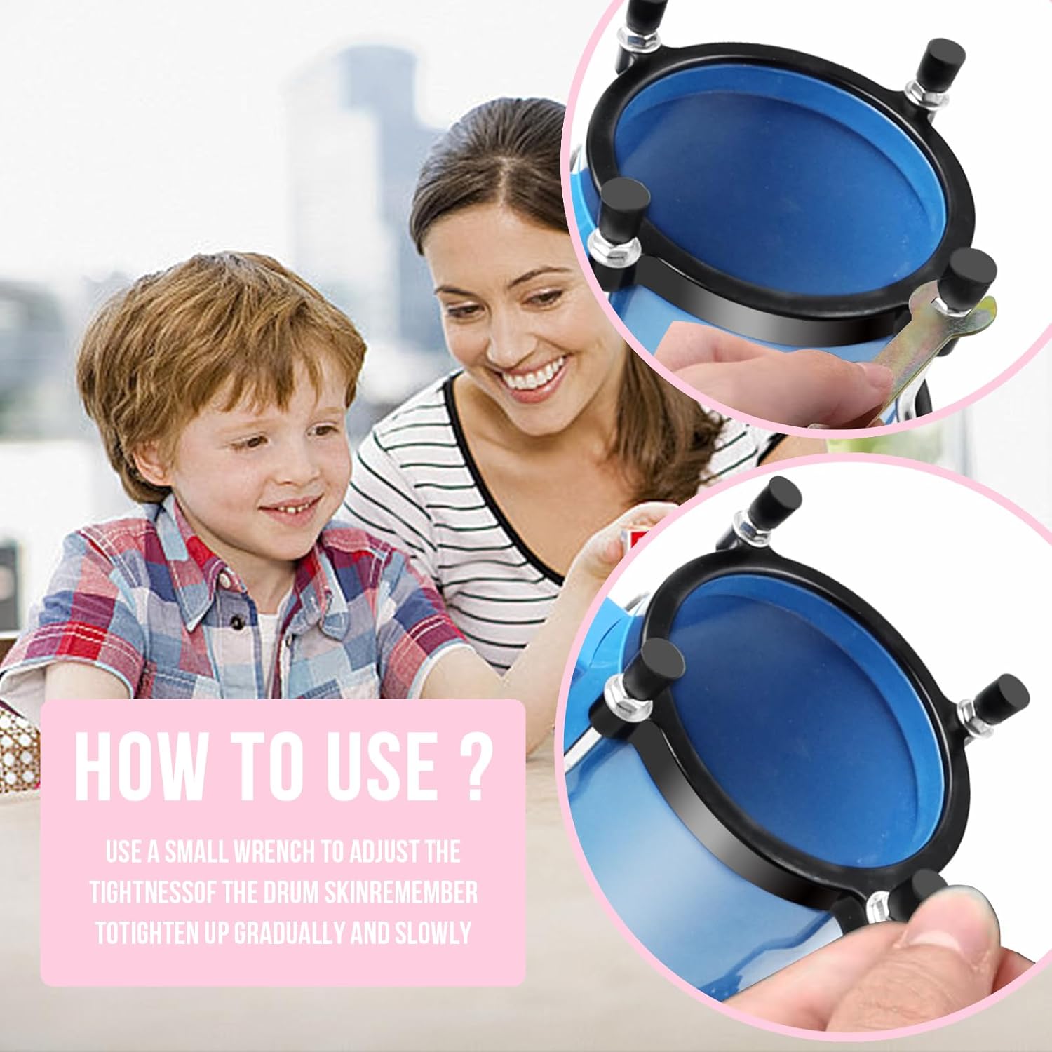 Soulmate Bongo Drum 4'' and 5'' Set for Adults Beginners, Tunable Natural Skin Bongos Percussion Instruments With Tuning Wrench (Blue)