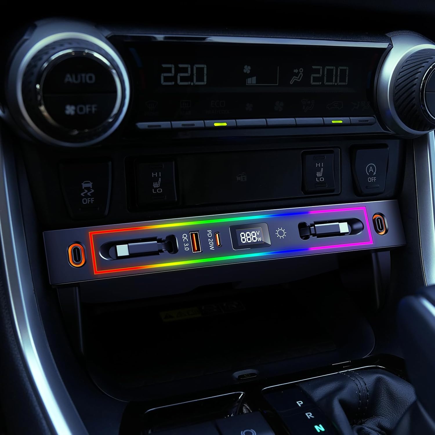 for Toyota RAV4 Car Charger USB Hub with RGB Light, 4-Port Retractable Docking Station for Toyota RAV4 Accessories 2025 2024 2023 2022 2021 2020, Center Console Phone Fast Charger/Adaptor Hub