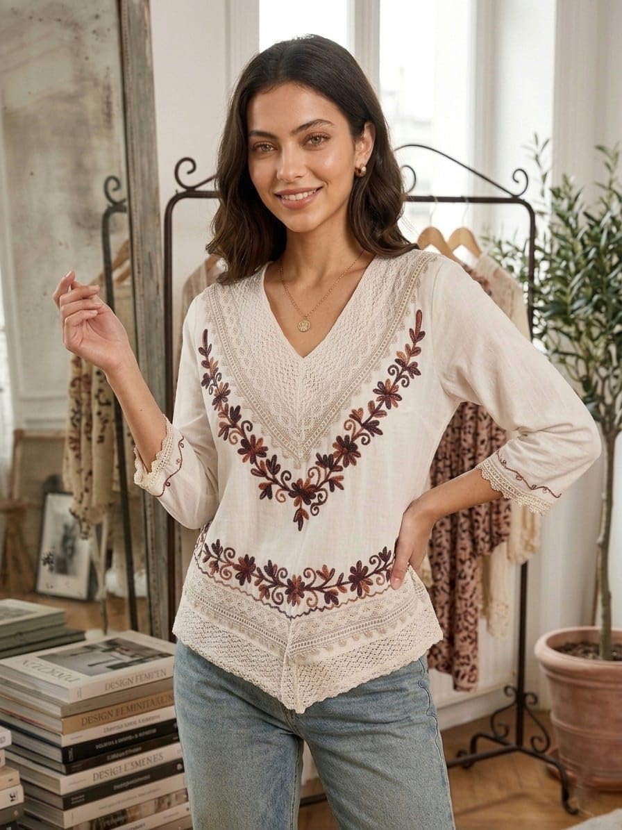 Levi's Women's Cotton Embroidered Tunic, V Neck, Floral Boho Style, 3/4 Sleeve, Ethnic Western Short Kurti, Casual Summer Top in neutral
