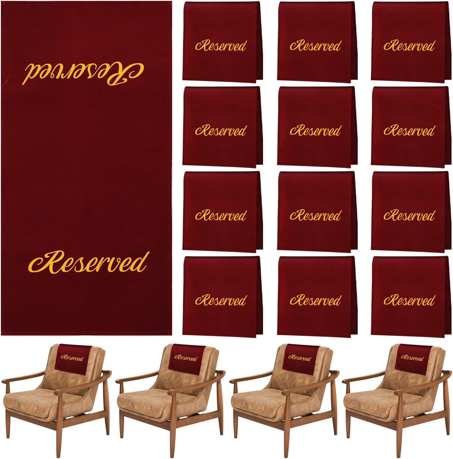 Tatuo 12 Pieces Reserved Seating Signs for Chairs 22 Inch Reserved Signs for Church Pews Cloth Placeholder for Restaurant Wedding Meeting and Event Parties(Burgundy and Gold)