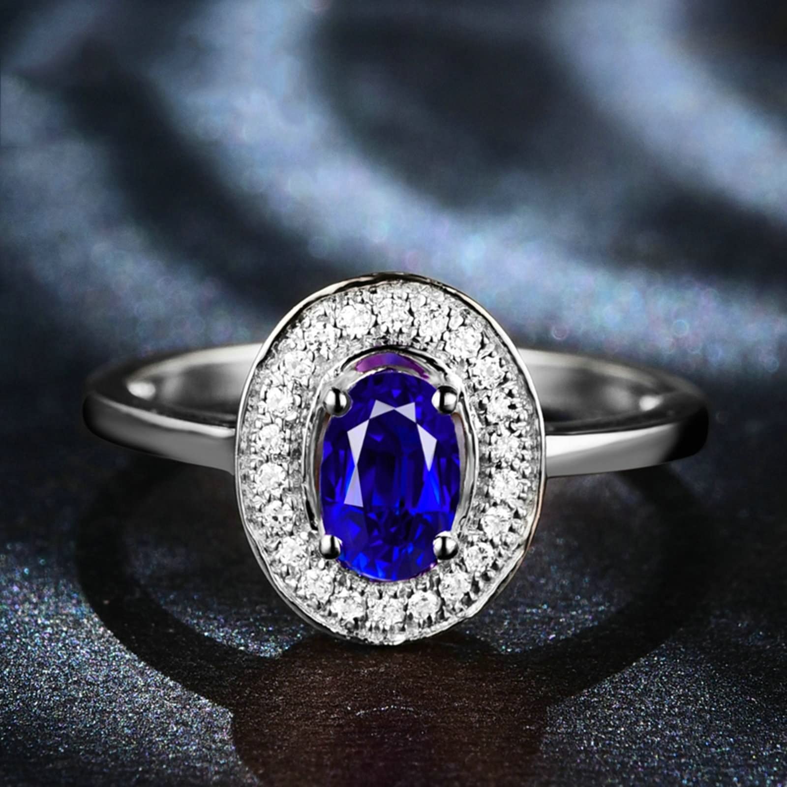 Damen Ring mit Gravur Silberring Damen Blau Oval Zirkonia Maßgeschneiderte Geschenke für Frauen Größe 45 (14.3)-65 (20.7)