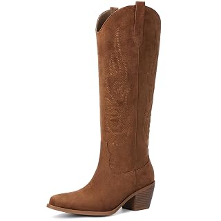 Pasuot Western Cowboy Boots for Women - Knee High Wide Calf Cowgirl Boots with Classic Embroidered, Slip On Pointed Toe Chunky Heel Fashion Retro Classic Pull On Tall Boot for Girls Ladies Fall Winter - Amazon product rated Grade A