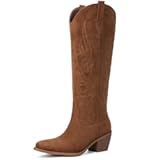 Western Cowboy Boots for Women - Knee High Wide Calf Cowgirl Boots with Classic Embroidered&comma; Slip On Pointed Toe Chunky Heel Fashion Retro Classic Pull On Tall Boot for Girls Ladies Fall Winter