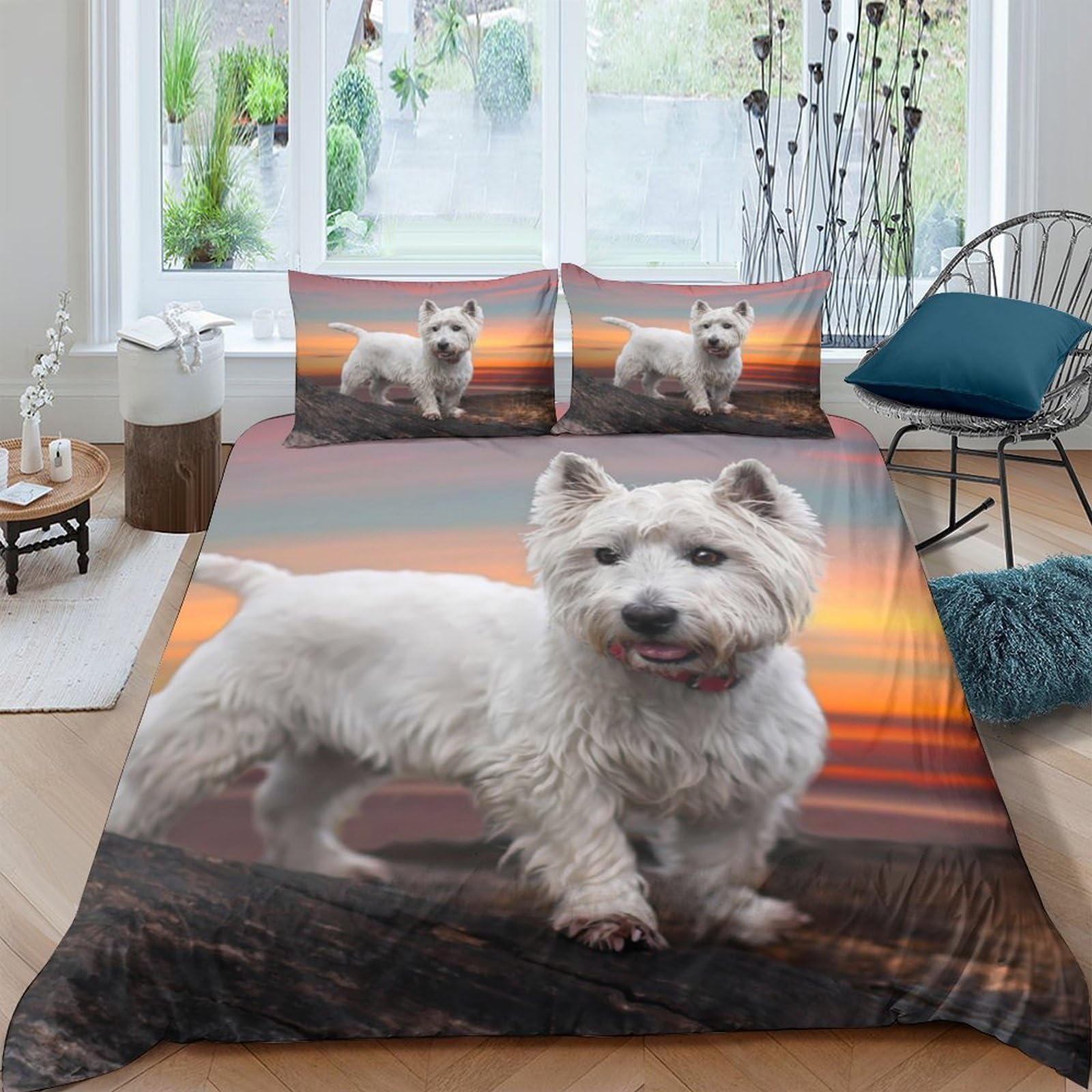 Ctjqhvkz Style-1 3D Printed White Westie Dog Fitted Sheet Microfiber Soft Bedroom Decor Sunset Bed Cover Mattress Protection Single（135X200cm）