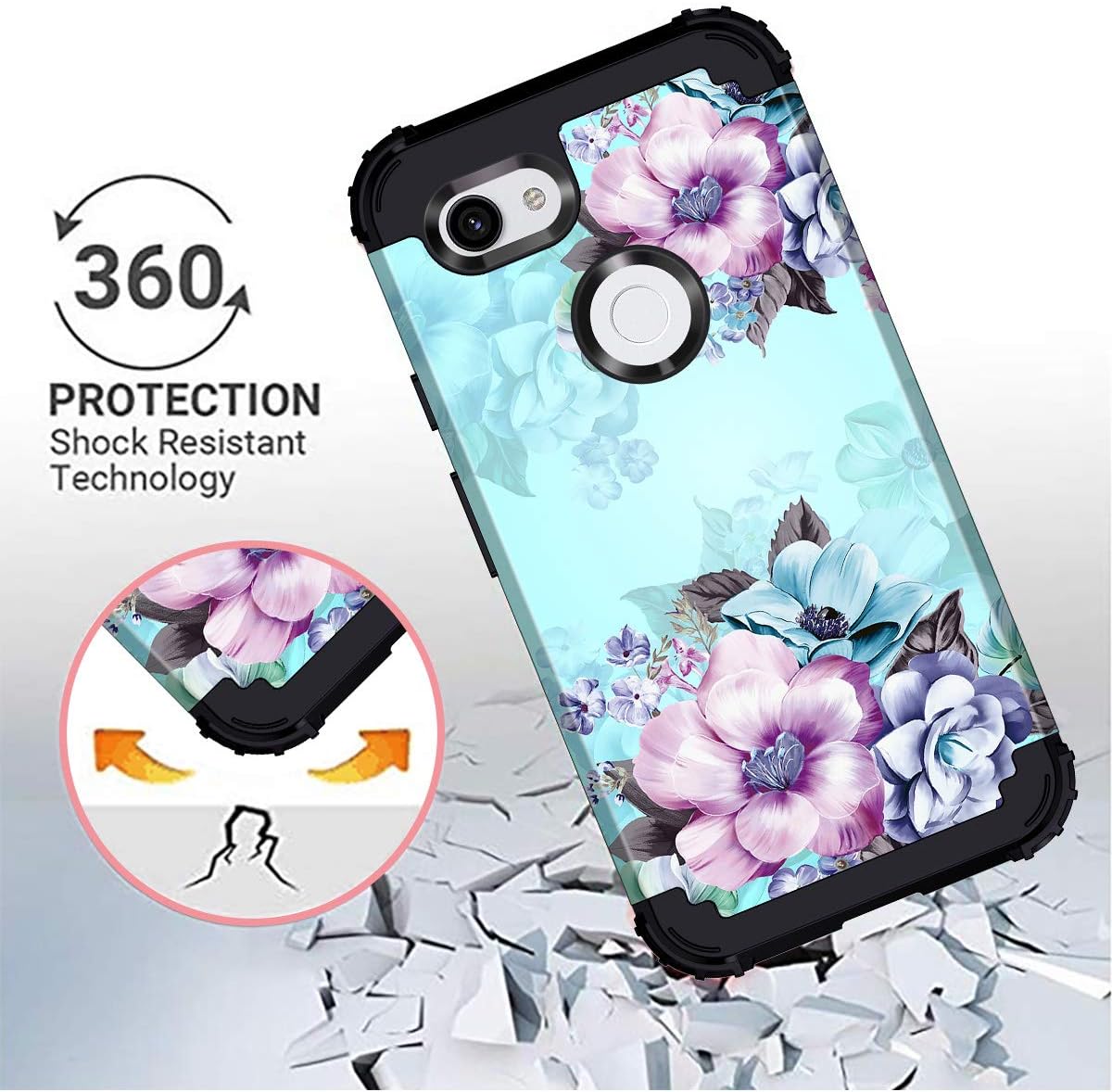 Casetego Compatible with Google Pixel 3a Case,Floral Three Layer Heavy Duty Hybrid Sturdy Shockproof Full Body Protective Cover Case for Google Pixel 3a,Blue Flower