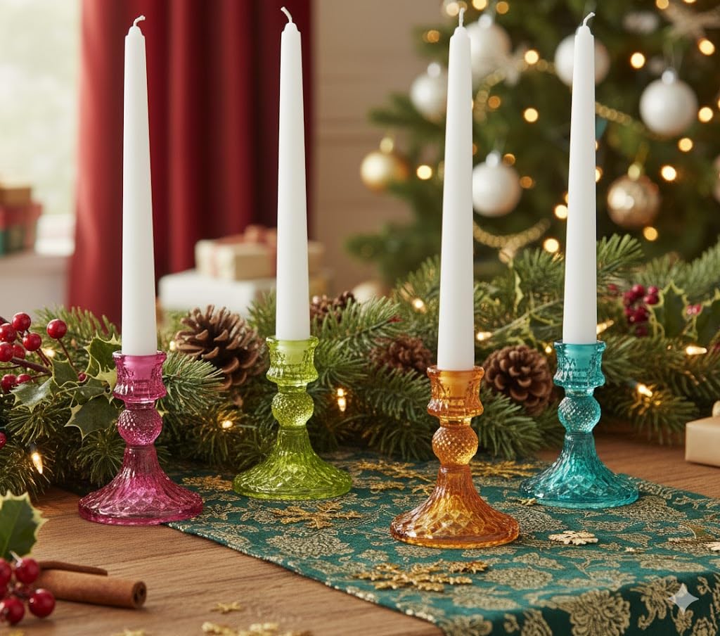 My Square Mile Multicolor Glass Candlestick Candle Holders Coloured Jewel Wedding Christmas Dinner Table & Event Decor, Set Of 4 (Colours)