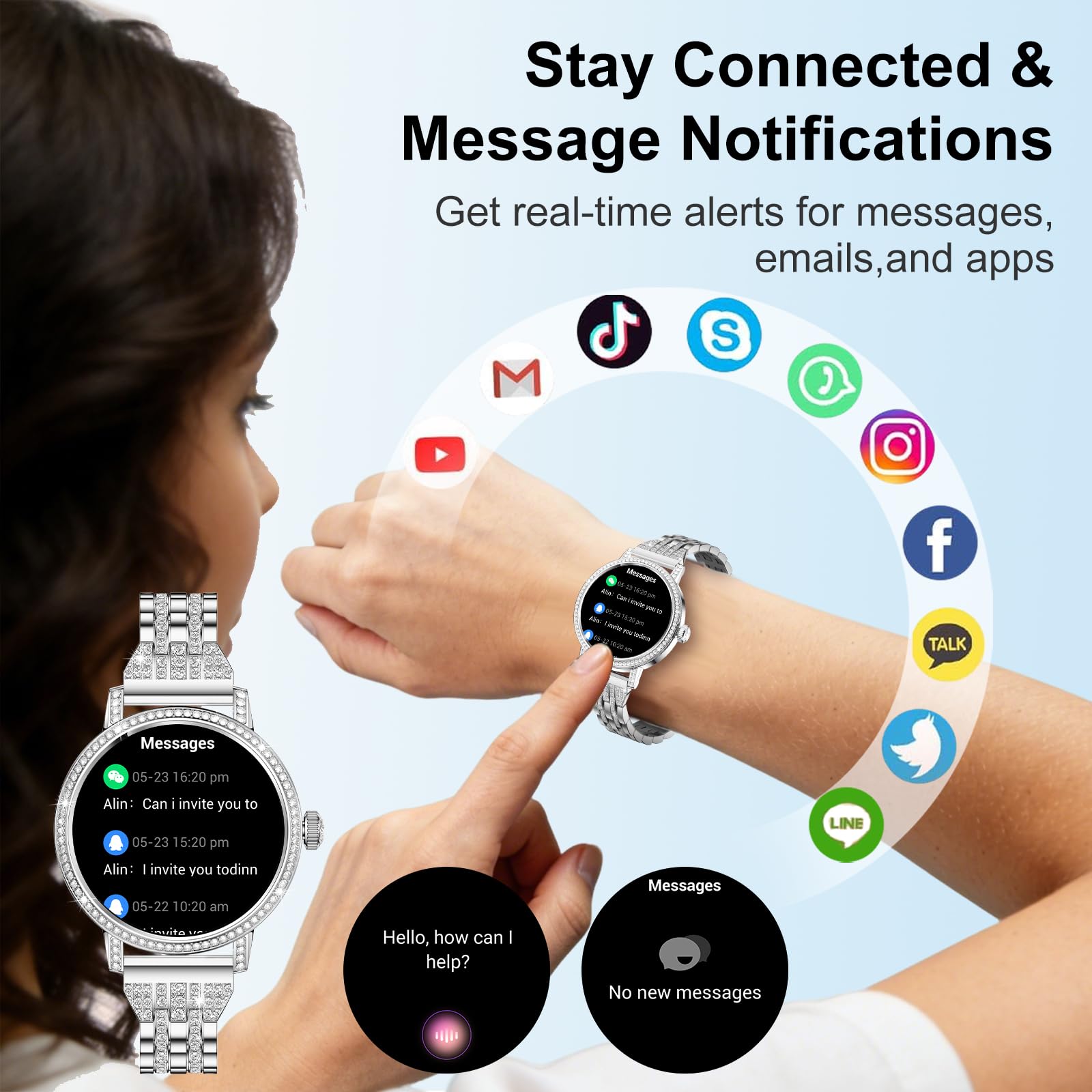 Smartwatch Donna con Diamant,1,27" HD Smart Watch con Chiamate Bluetooth,3 Cinturini/SpO2/Pressione/Sonno/Passi/Calorie, IP68, 120+ Sportivo orologio donna smartwatch per Android/iOS,Argento
