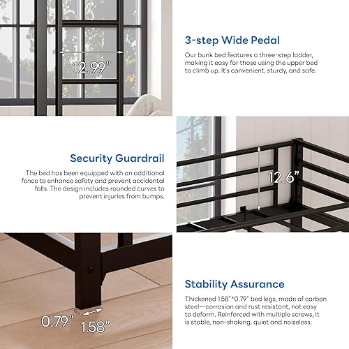Miniatura 4 de Literas de metal de tamaño individual sobre individual, perfil bajo con escalera para niñas y niños, no necesita somier (negro)