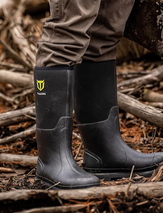 TIDEWE Rubber Work Boot for Men with Steel Shank, Waterproof Anti Slip Hunting Boot, Warm 6mm Neoprene Hunting Mud Boot, Sturdy Rubber Boot for Farming, Gardening, Fishing