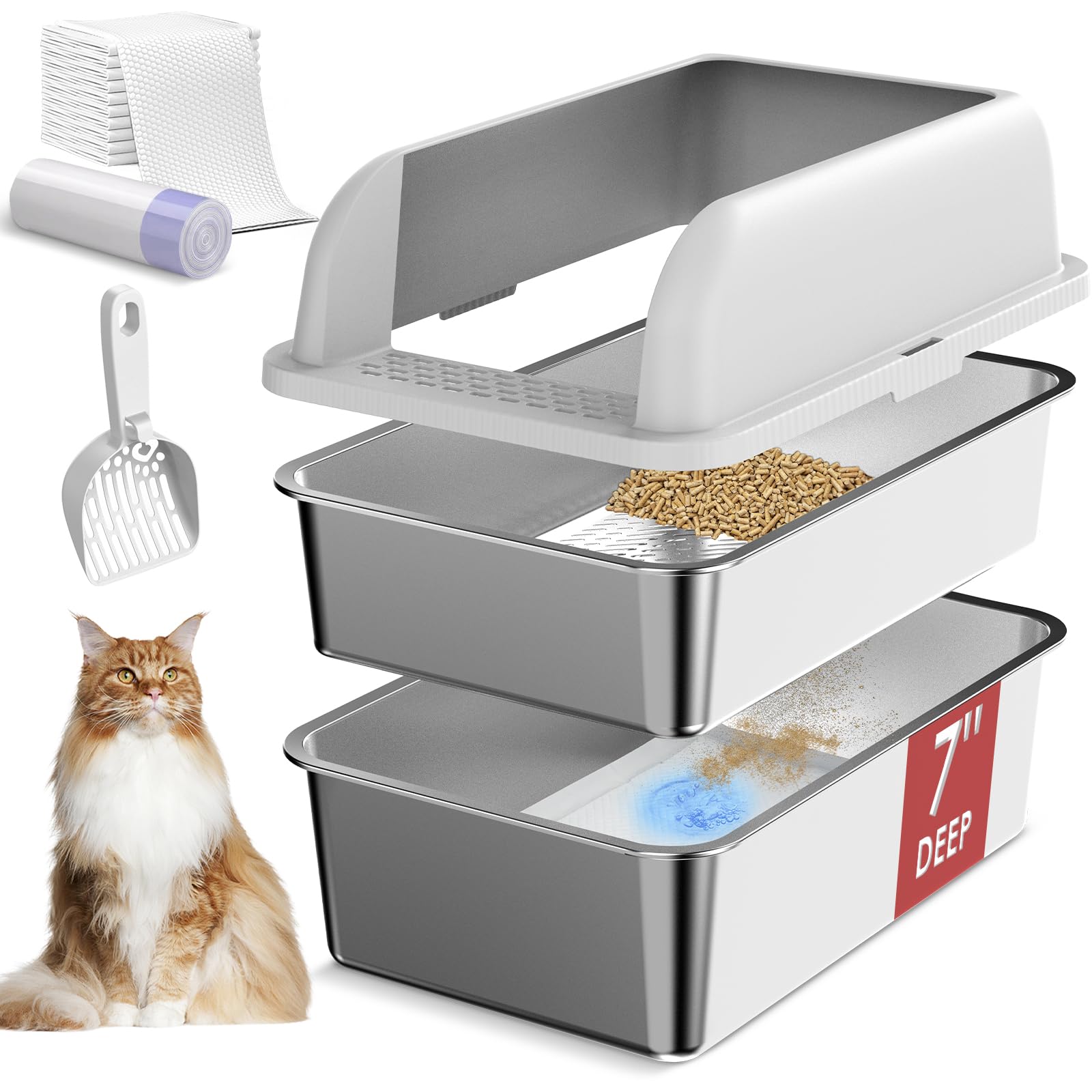 7" Deep Stainless Steel Sifting Litter Box for Pine Pellets, XL Stainless Steel Litter Box with Lid, Removable & Anti-Leakage, High Sides Metal Cat Litter Boxes for Big Cat, Non-Sticky, Easy Cleaning