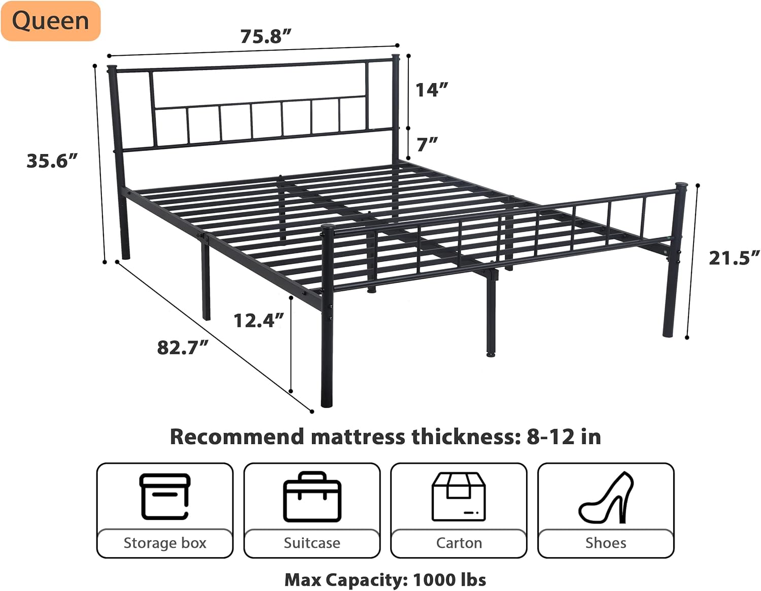 King Bed Frames, Metal Bed Frames with Headboard and Footboard, King Size Bed Frame Metal with 12 Inch Under-Bed Storage & Strong Metal Slats Support, No Box Spring Needed & Anti-Slip, Black