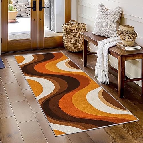 Miniatura 2 de Alfombra vintage de los años 70, 3 x 10, alfombra de pasillo retro marrón naranja con patrón ondulado, antideslizante, lavable, alfombra vintage de