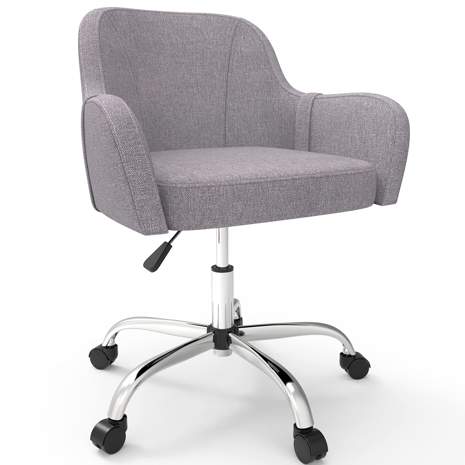 Home Office Chair Modern Ergonomic Upholstered Desk Chair Adjustable Swivel Rolling Chair with Arms Cute Mid Century Accent Chair for Living Room Bedroom, Grey