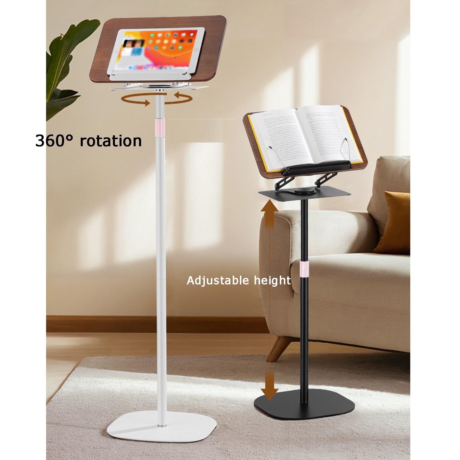 Leggio da pavimento regolabile, 2 in 1, supporto da lettura a doppio uso, con base girevole a 360°, per ricette, libri di testo, tablet e laptop