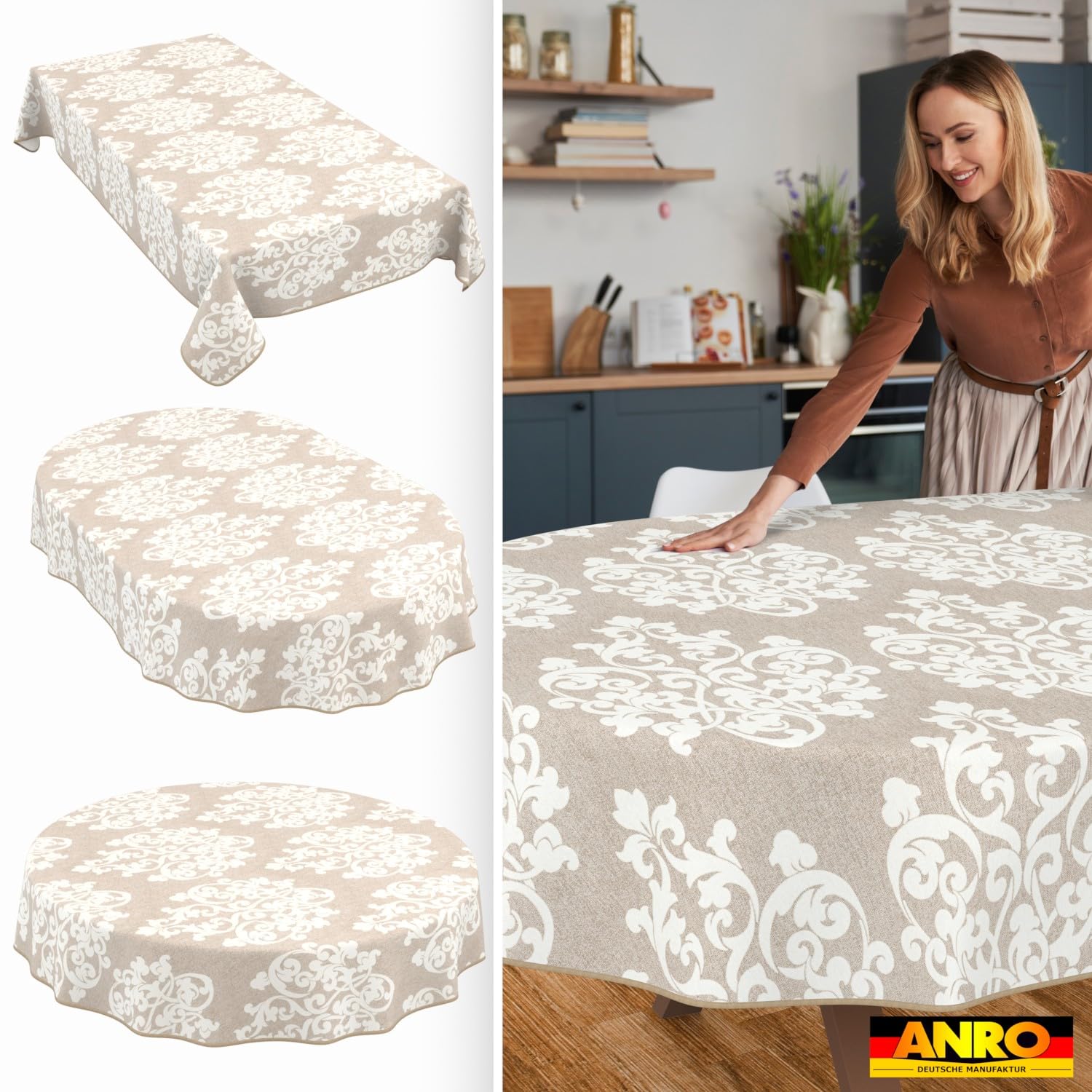 ANRO Tovaglia antimacchia Damasco con orlo ovale 240x140 cm da esterno