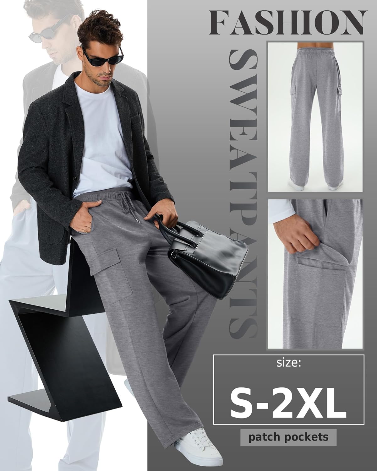 3 Pack Men's Cargo Sweatpants Drawstring Thin Straight Leg Pants Casual Baggy Open Bottom Jogger with Pockets