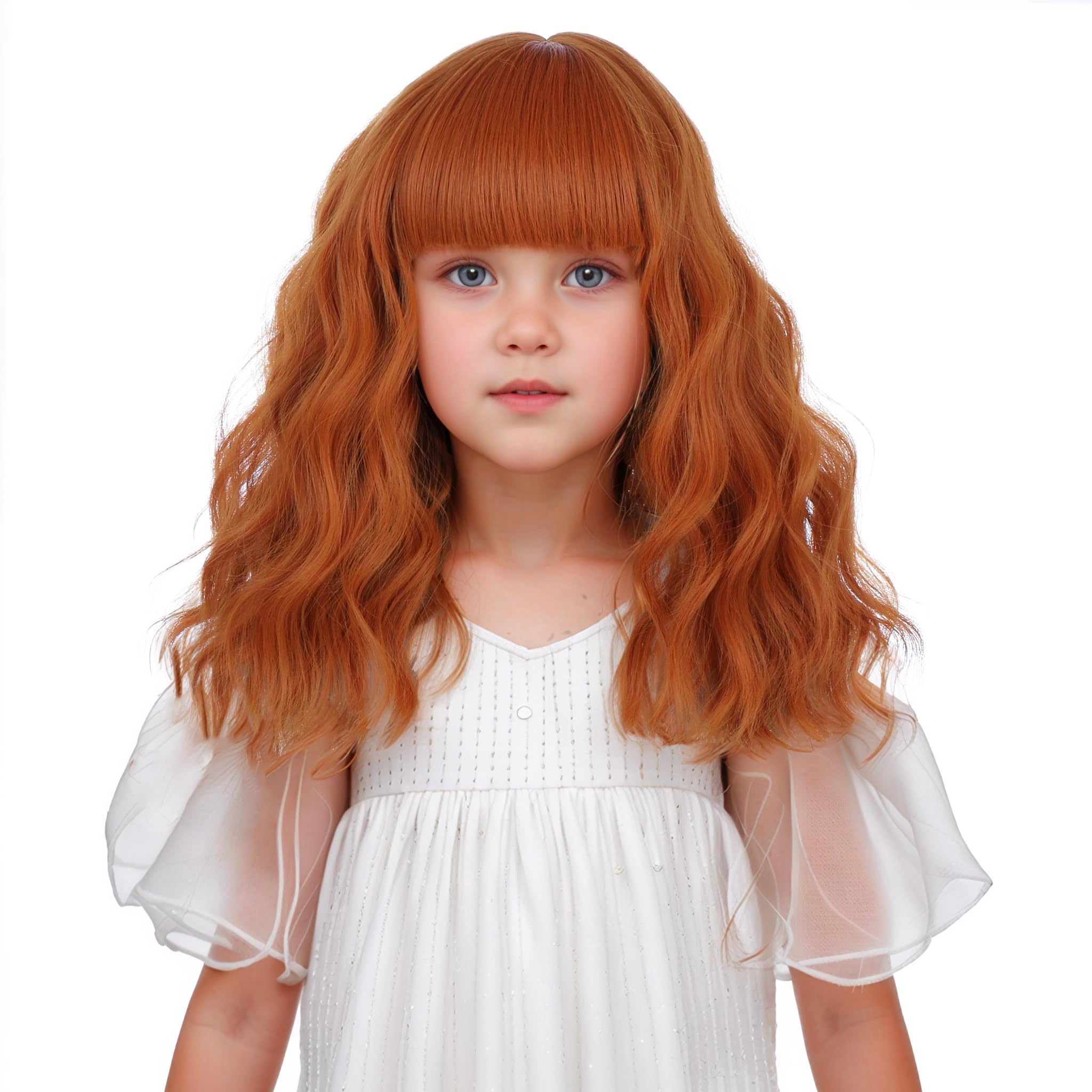 Edivd Child Ginger Orange Wig Kids Short Ginger Wig with Air Bangs Girls Dark Orange Wavy Curly Wigs Heat Resistant Synthetic Wigs with Cap