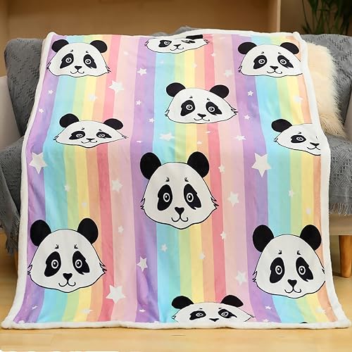 Sviuse Manta de franela de vellón de panda arcoíris, manta ligera con patrón de pandas de dibujos animados para cama, sofá, viajes, niños y niñas,
