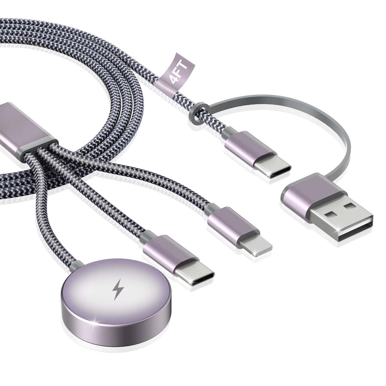 3 in 2 for Apple Watch Charger USB C - 4FT imodomio Travel Charging Cable for iPhone and iWatch Chargers, Nylon Braided Charger for Apple Watch Series 11/10/9 SE3/Ultra3 & iPhone 17/16/AirPods - Black