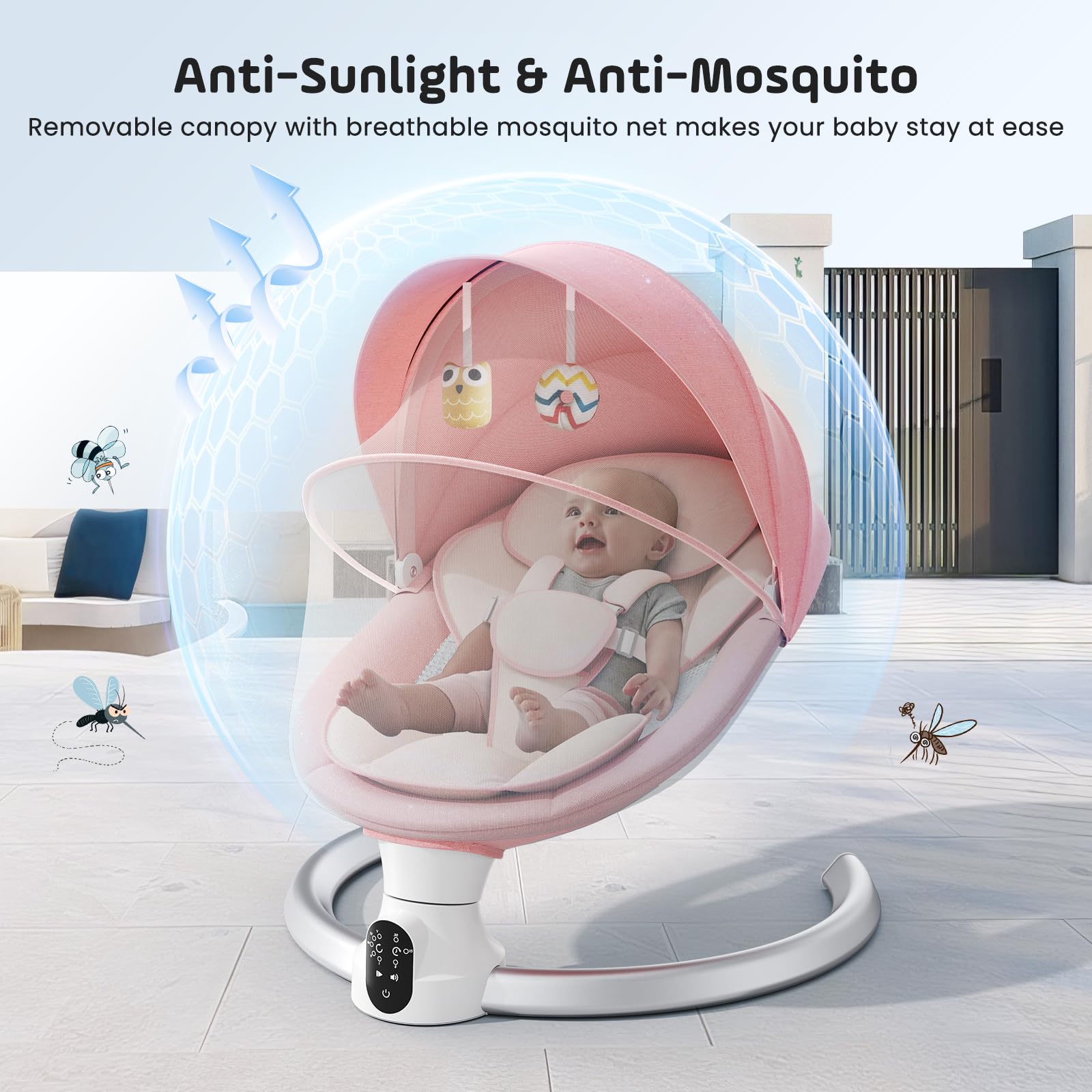Columpio para bebés, balancín eléctrico con aplicación y mando a distancia, arnés de 5 puntos mejorado, 10 canciones Bluetooth y 5 velocidades, soporta 9 kg