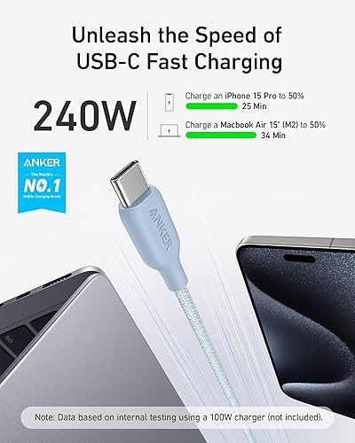 Miniatura 7 de Anker Cable USB C (240 W, 6 pies, paquete de 2), cable de carga USB C bio-trenzado, carga rápida para iPhone 1515 Pro15Plus15ProMax, MacBook Pro