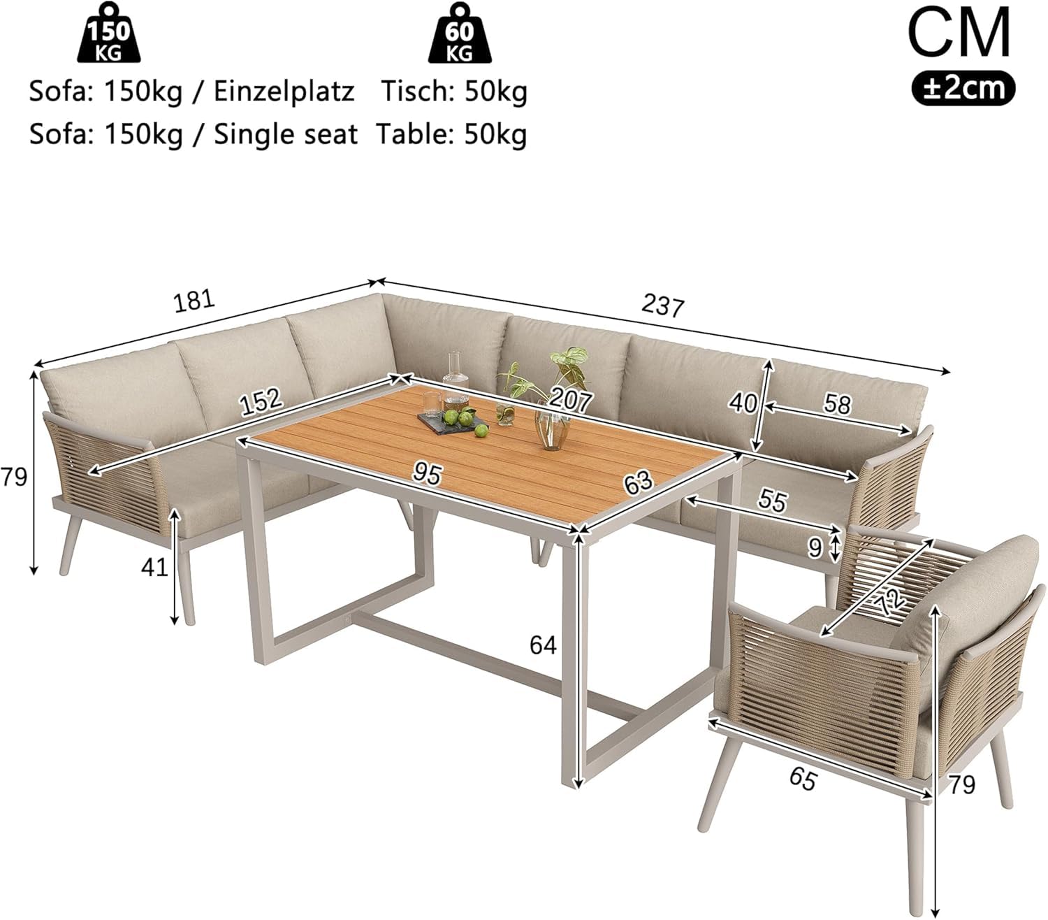 Ensemble Salon de Jardin Modulable 7 Places en Forme de L, Canapé d'Angle avec Accoudoirs Tressés et Structure Fer Antirouille, Table Basse en Bois Composite WPC, Coussins Épais de 9 cm Inclus, Beige.