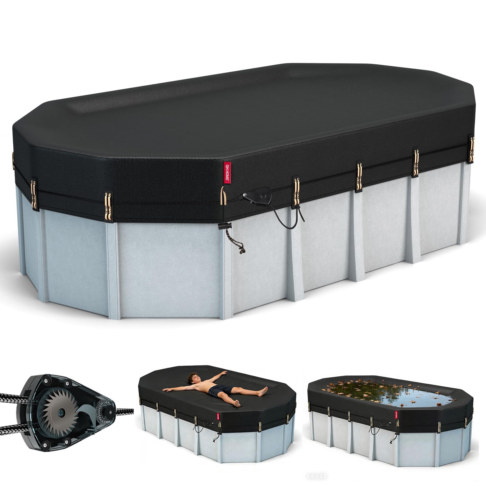 QH.HOME 12x18 Ft Oval Pool Cover for Steel Wall Pool,Solar Cover for Above Ground Pools - Black Oxford Fabric Heats Water, Blocks Leaves & Sun, Windproof Snug Fit with Patented Ratchet & Weight Rings