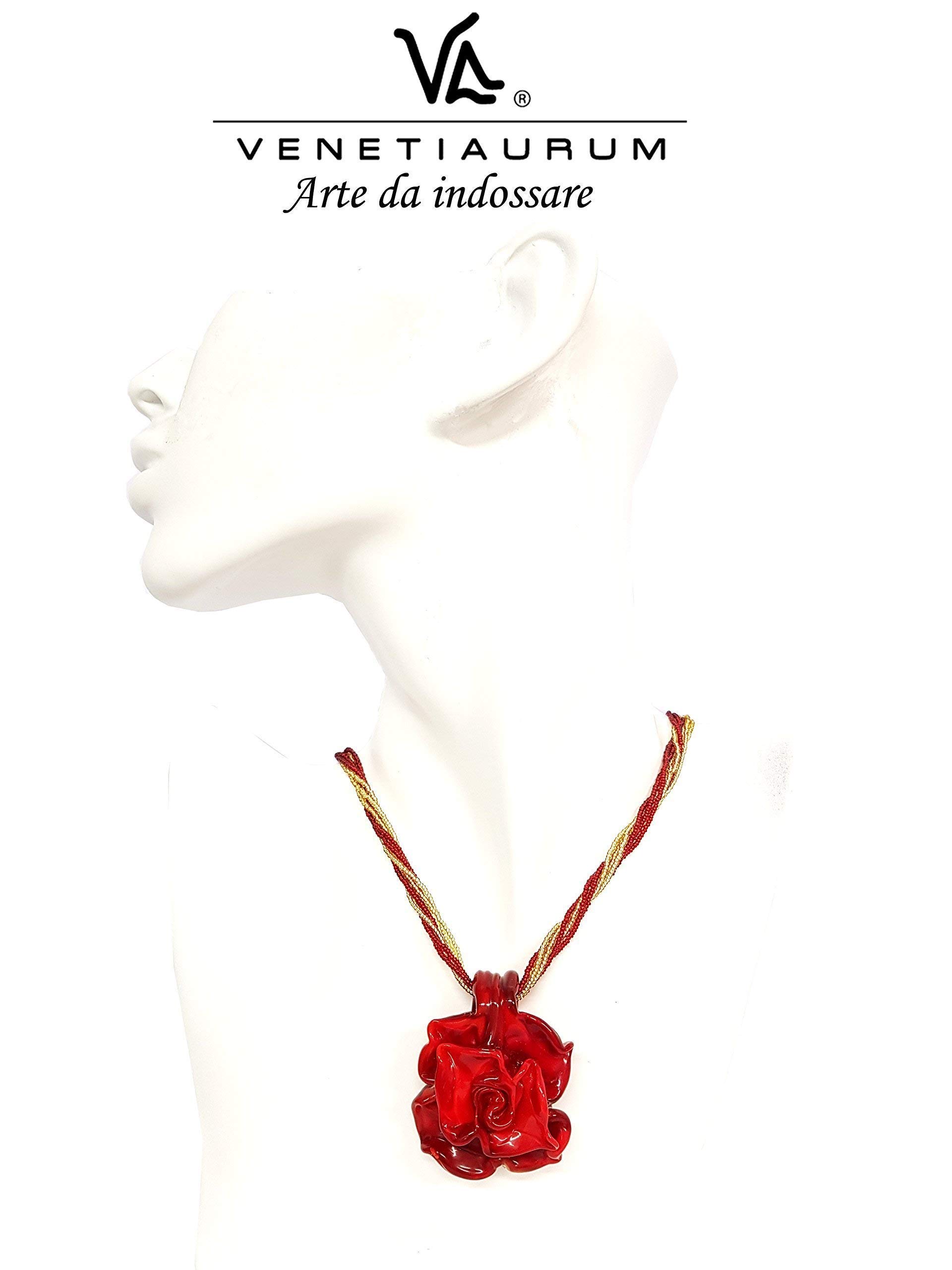 Venetiaurum - Halskette mit rotem Rosenanhänger aus Muranoglas und 925 Silber - Schmuck “Made in Italy” zertifiziert