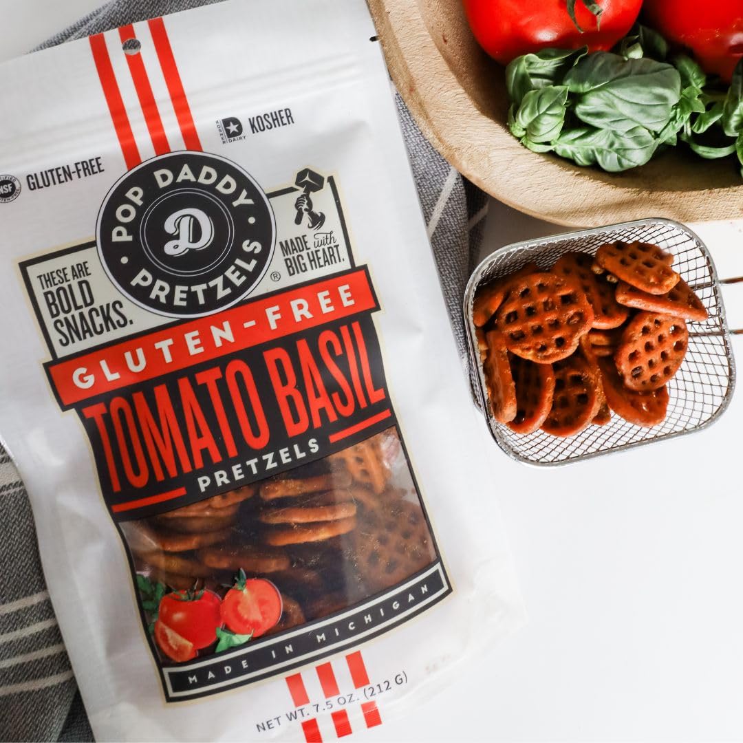 Pop Daddy Gluten Free Pretzels, Healthy Gourmet Flavored Pretzels, 7.5oz Individual Bags, 3 Pack, Tomato Basil