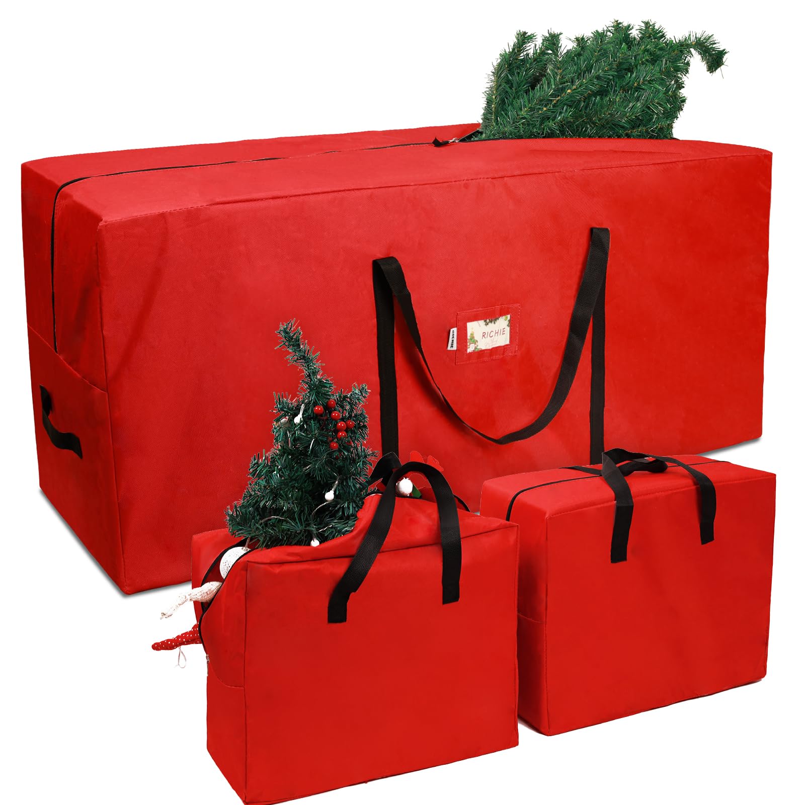 RICHIE Lot de 3 sacs de rangement pour sapin de Noël de 2,7 m, convient aux arbres artificiels jusqu'à 2,7 m, sac Oxford 600D indéchirable, poignées renforcées, fermeture éclair et durable, sacs de