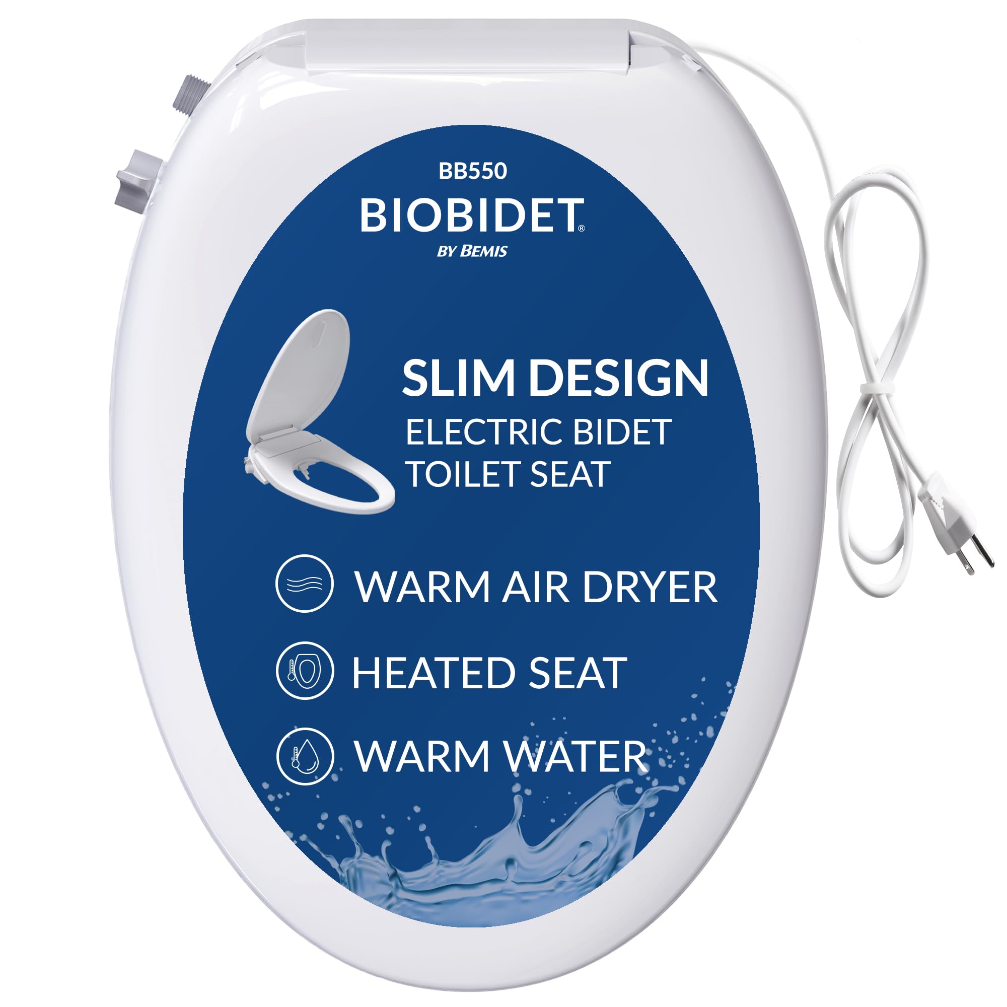 Bio Bidet BB550 Low Profile Electric Bidet Toilet Seat, Warm Water, Air Dryer, Slim Heated Seat with Smart Sensor and Slow Close Lid, Night Light, Elongated, and Six (6) Bidet Towels