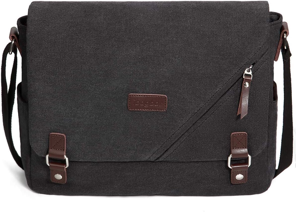 ibagbar Canvas Laptop Messenger Bags 14 Inch Crossbody Shoulder Bag Computer Bags with Padded Sleeves Vintage Satchel College School Bag Bookbag Sling Working Bag for Men and Women Light Black : Electronics