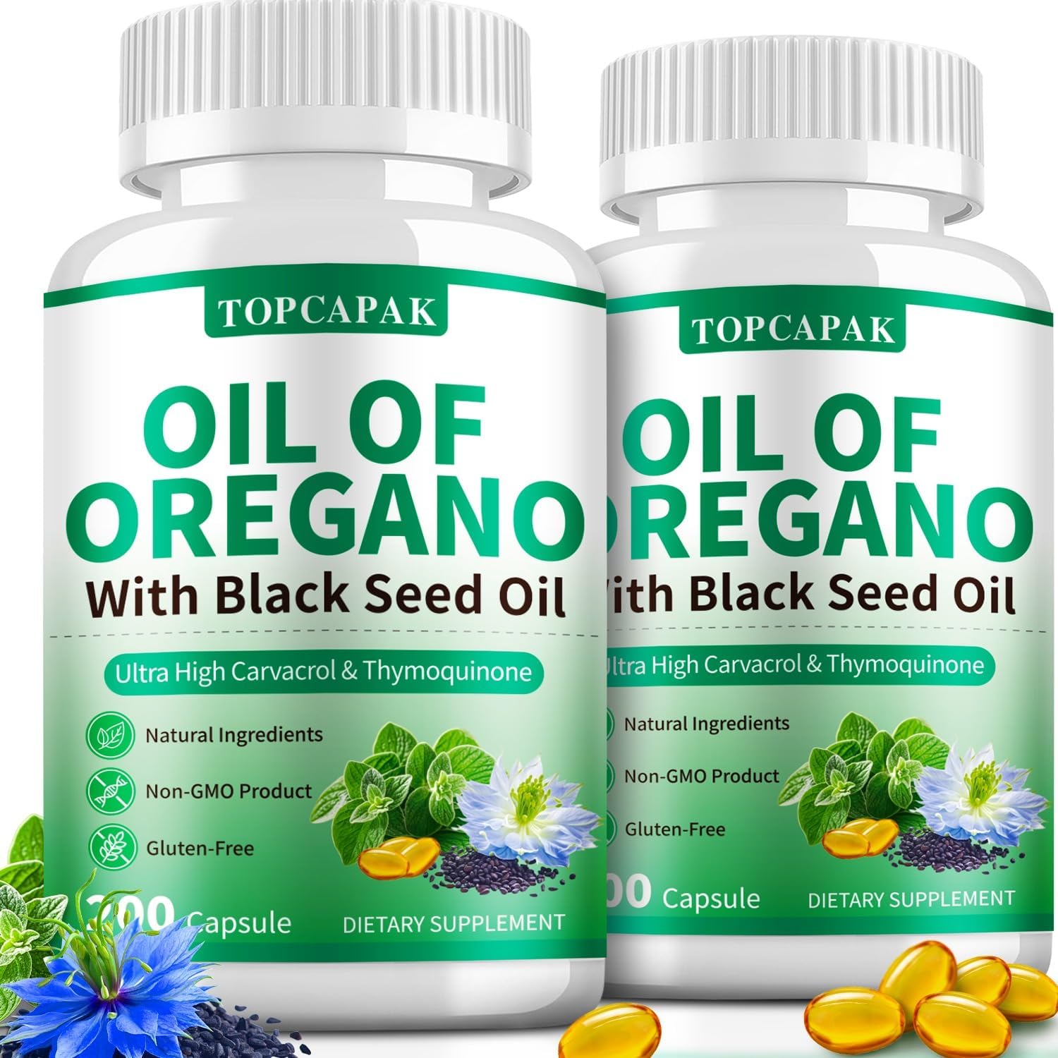 Oil of Oregano with Black Seed Oil Capsules - Ultra High Carvacrol & Thymoquinone, Natural Immune Support & Gut Health Supplement, Non-GMO, Gluten-Free, 400 Capsules Total(2 Pack)
