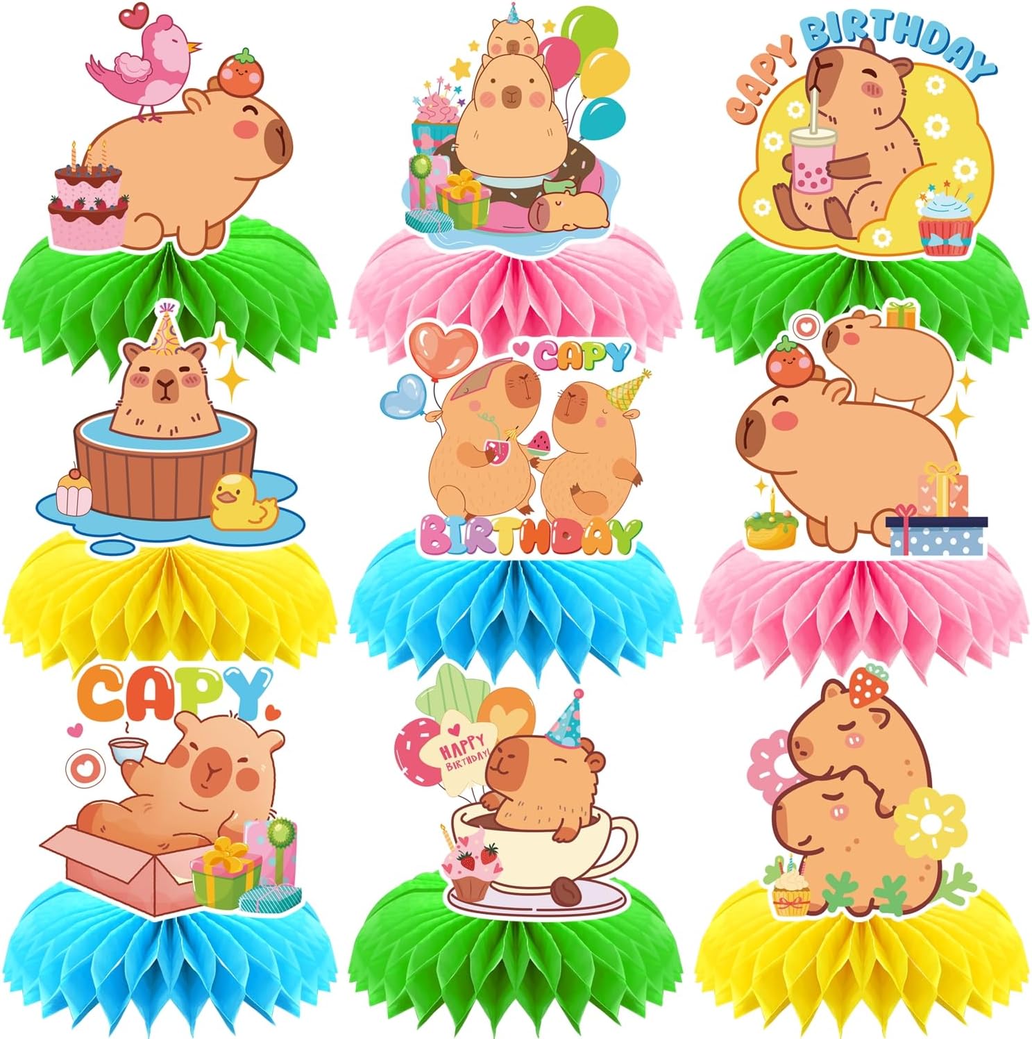Capybara Birthday Party Decorations - 9PCS Capybara Honeycomb Centerpieces Bday table Decoration Cute Capy Animals Decor Supplies