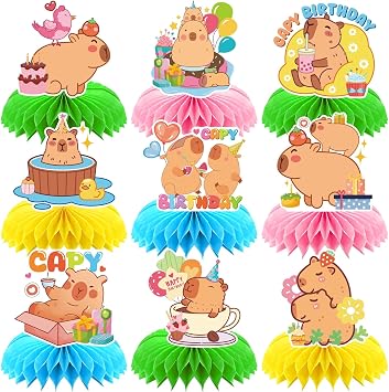 Capybara Birthday Party Decorations - 9PCS Capybara Honeycomb Centerpieces Bday table Decoration Cute Capy Animals Decor Supplies
