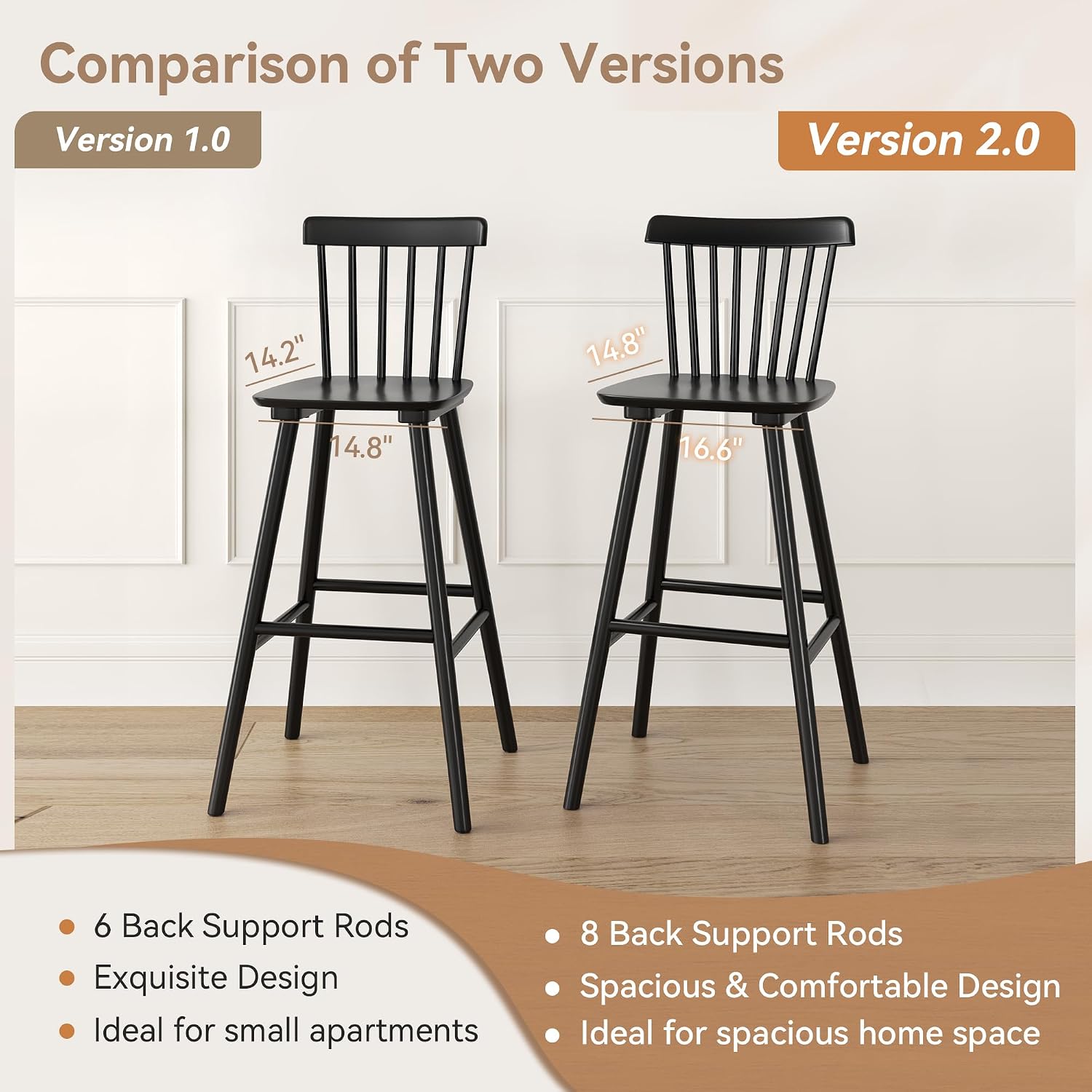 LUE BONA Upgraded Windsor Wooden Black Bar Stools Set of 3, 30 Inch Bar Height Barstools with Spindle Back/Bigger Seat for Kitchen Island