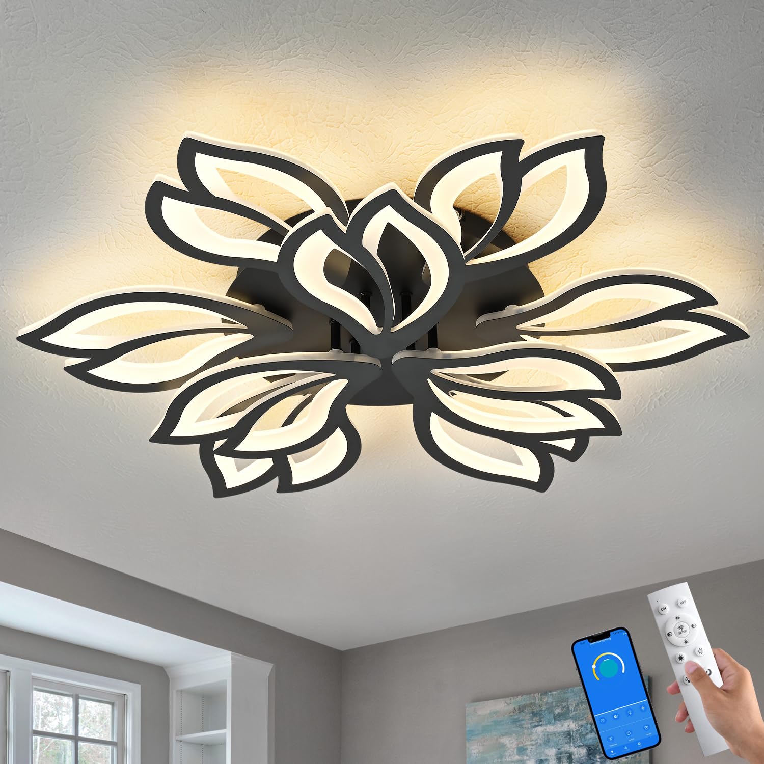 ChenSolara 35.4'' Flower Shaped LED Ceiling Light, 9-Petal Dimmable Modern Ceiling Lamp with Remote Control, Flush Mount Lighting Fixture for Living Room, Kitchen & Dining Room – Black