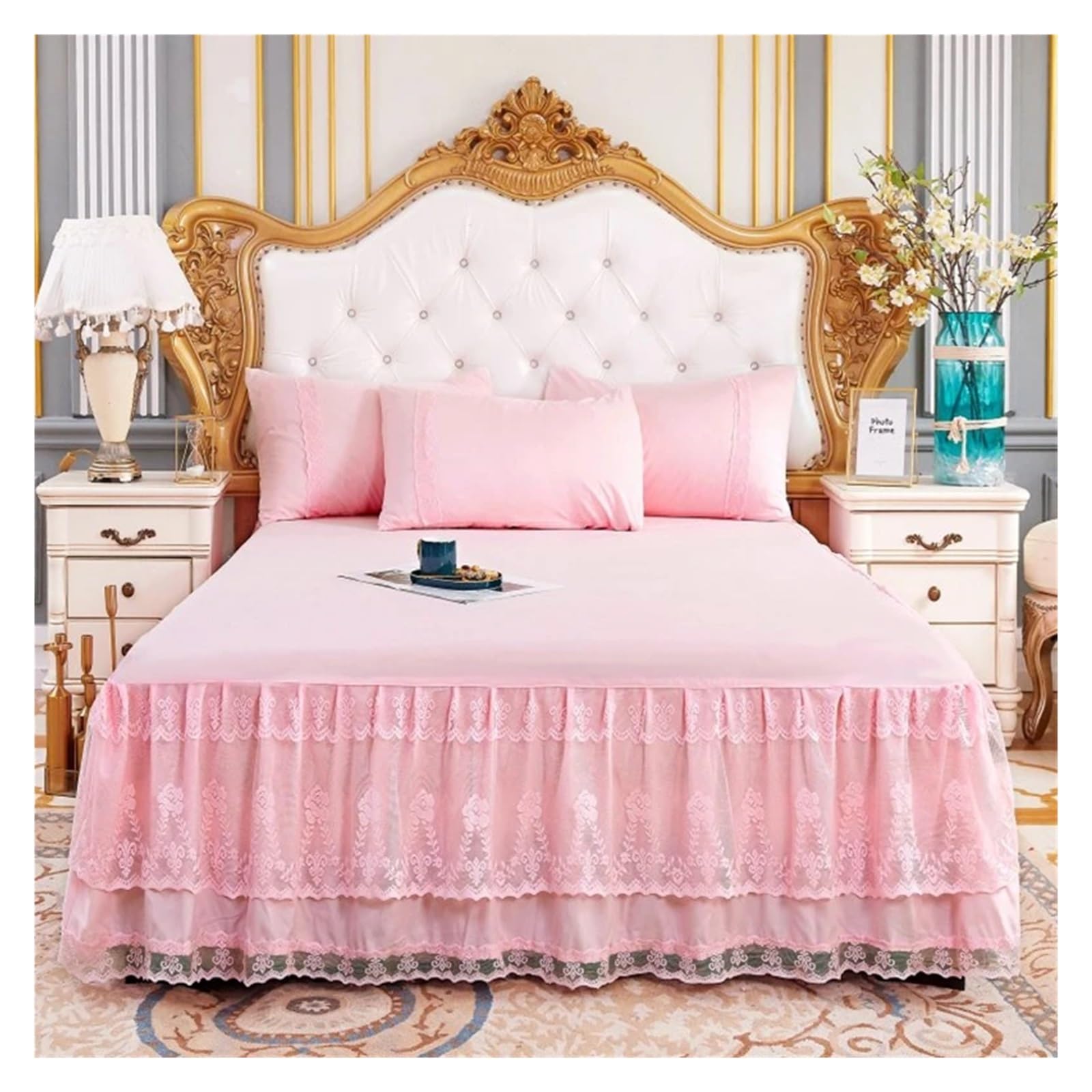Bed Skirt Pillowcase Bed Set Ruffle Three Layers Lace Bedspreads Sheet Soft Fitted Sheet Cover(7,2pcs pillowcase)