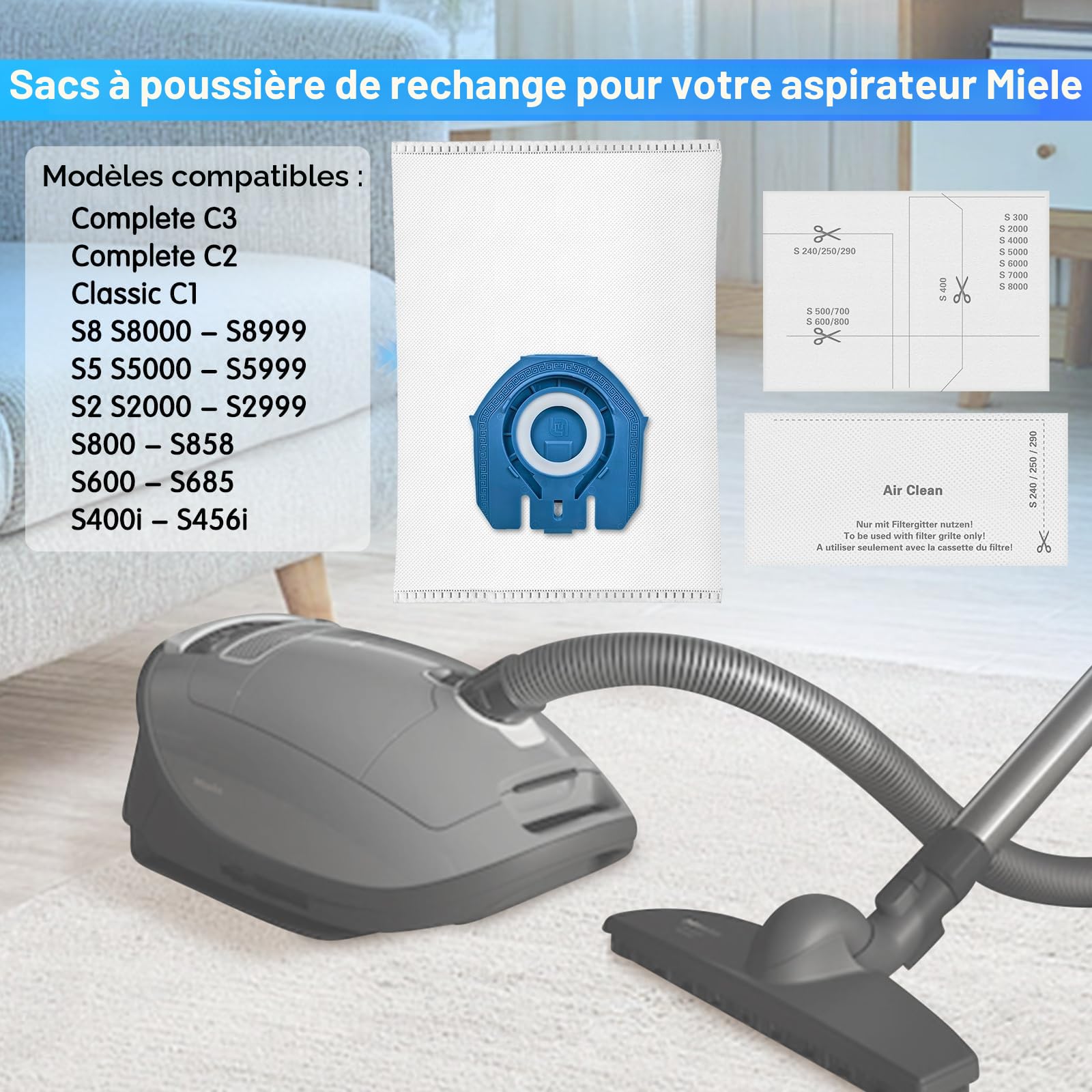 Lot de 10 sacs d'aspirateur 3D compatibles avec les sacs d'aspirateur Miele pour Complete C3 & C2, Classic C1, S2, S5, S8, S400, S600, S800, avec 4 moteurs et 4 filtres d'évacuation - Remplace 9917730