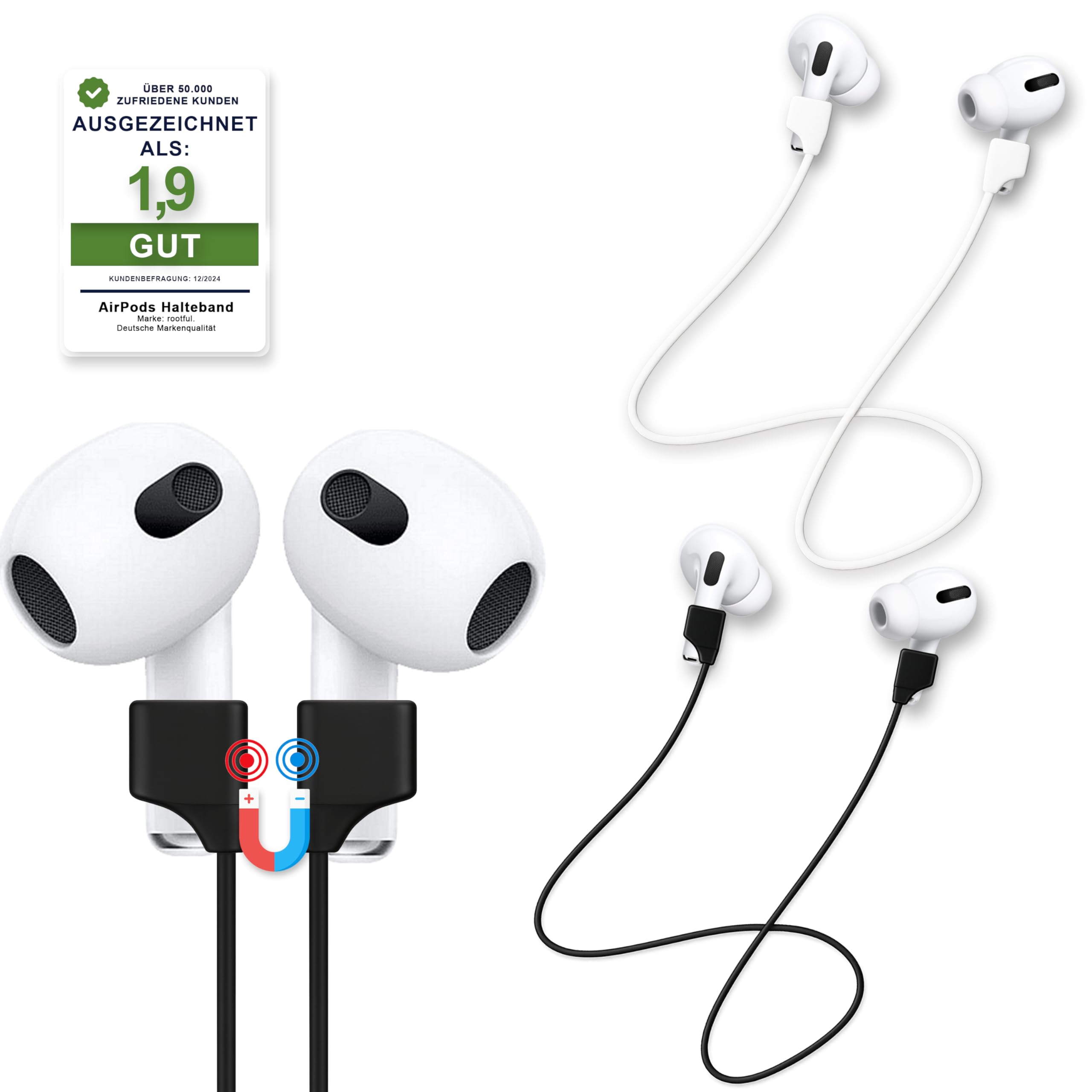 rootful.® 2-częściowy zestaw magnetycznych silikonowych pasków, kompatybilnych z Apple AirPods (1–4) i AirPods Pro (1–2) – niezawodne akcesorium do sportu i podróży