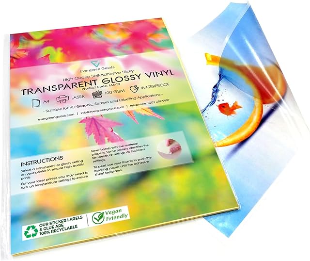 20 Blank Sheets Waterproof A4 Clear/Transparent Vinyl Glossy Self Adhesive Sticker Quality Laser Printable - Customisable Make Your own Stickers, Products Labels, Signs and More