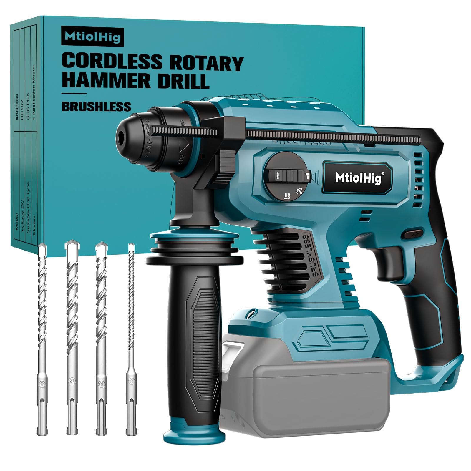 7/8" Rotary Hammer Drill Compatible with Makita 18V Battery: SDS-Plus Cordless Drill with Safety Clutch for Concrete Masonry, 2.5 Joules Power Including 4 Drill Bits