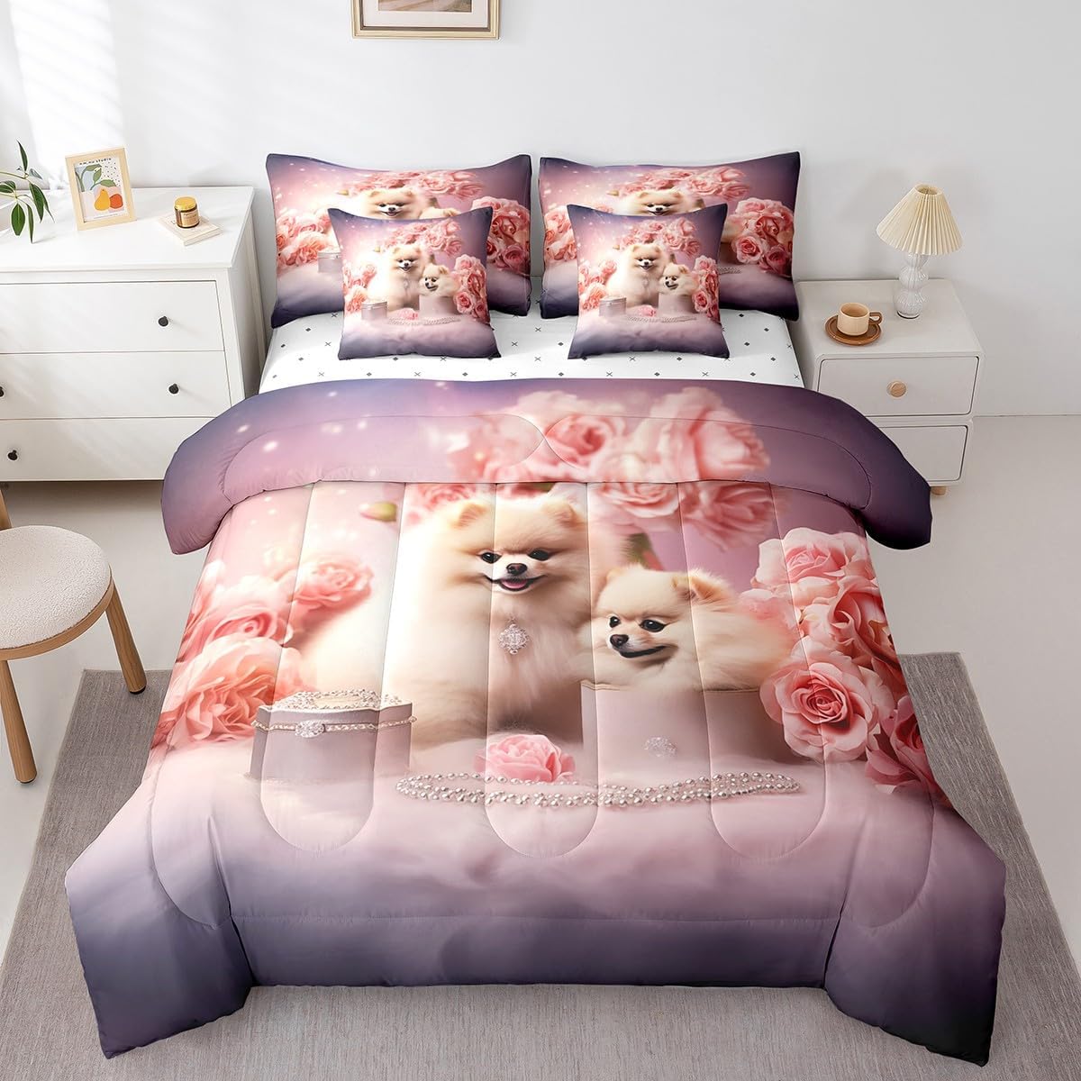 Erosebridal Pomeranian Dog Comforter Set Twin 7 Piece Cute Puppy Dog Bed in a Bag Animal Gifts for Pet Lovers,Romantic Pink Rose Flower Bedding Set with 2 Sheets,2 Pillowcases,2 Throw Pillow Covers
