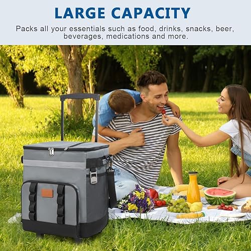 Miniatura 5 de Hielera portátil con ruedas de 35 L, gran bolsa de ruedas aislada, caja de entrega de almuerzo, funda de viaje para acampar al aire libre, picnic,