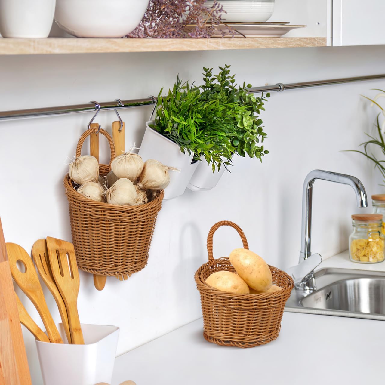 Ciieeo Hanging Woven Storage Basket for Kitchen Wall Mounted Organizer 6.88X6.10X5.11In Multi-Purpose Pantry Basket for Onion Garlic Ginger Storage and Display