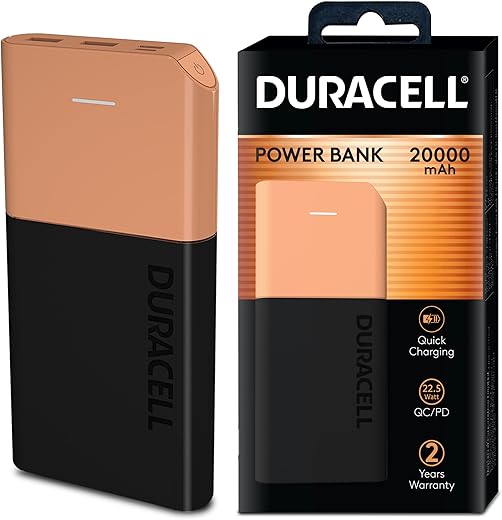 Duracell 20000 MAH Slimmest Power Bank with 1 Type C PD and 2 USB A Port, 22.5W Fast Charging Portable Charger to Charges 3 Devices Simultaneously…
