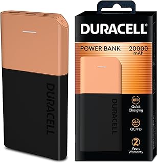 Duracell 20000 MAH Slimmest Power Bank with 1 Type C PD and 2 USB A Port, 22.5W Fast Charging Portable Charger to Charges ...