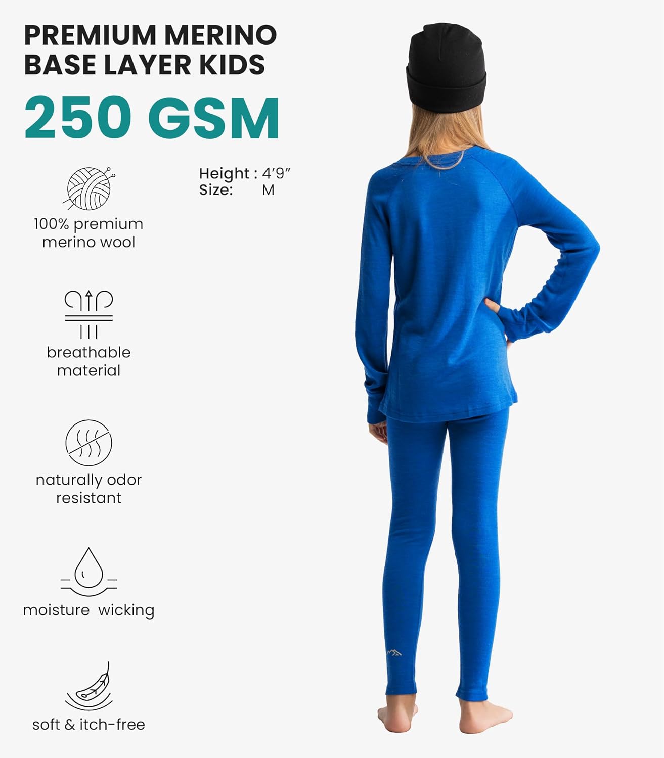 Merino Wool Base Layer Kids Set - Midweight Unisex Merino Wool Thermal Underwear For Kids Top, Bottom, Cuff Beanie - Image 2
