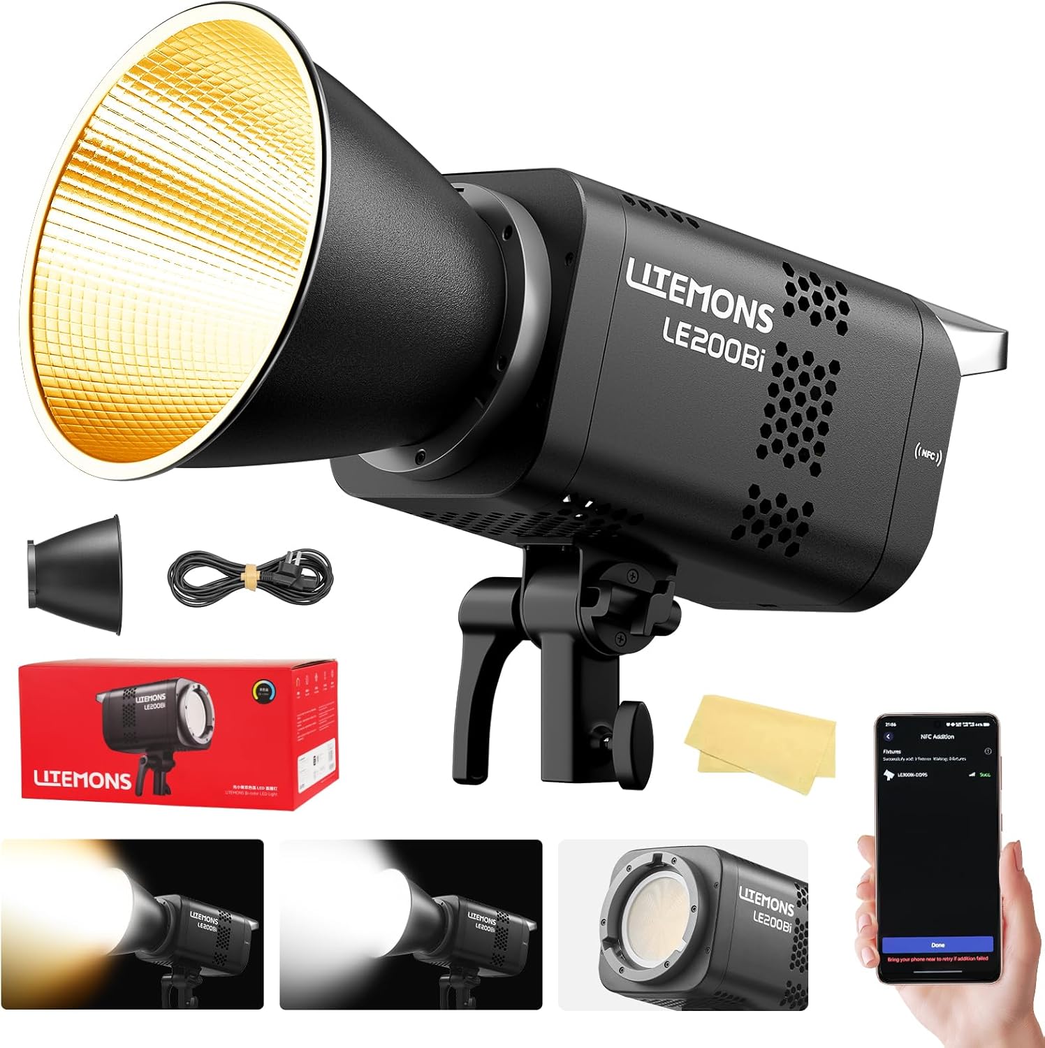 Godox Litemons LE200Bi 220W Bi-Color COB LED Video Light - 57,700 Lux@1m, CRI/TLCI 98+, Bowens Mount, App/DMX, Ultra-Quiet Studio Light